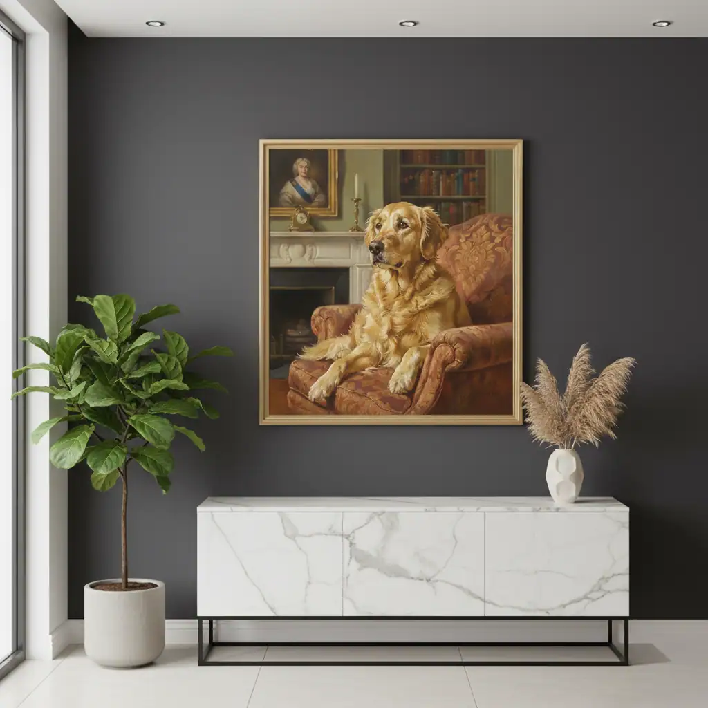 Custom pet portrait hanging on wall