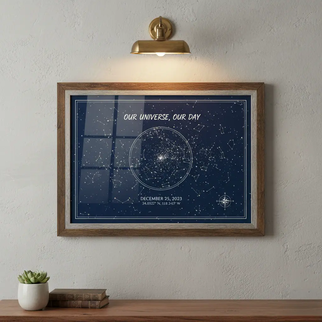 Custom star map hanging on a wall