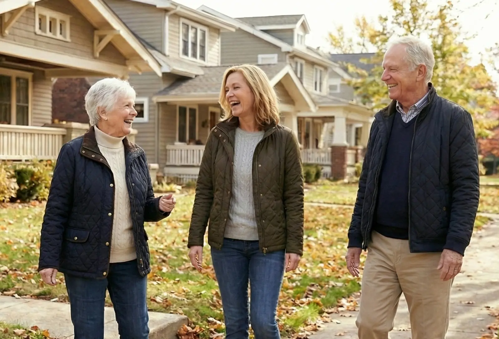 Woman walking with parents and asking them questions